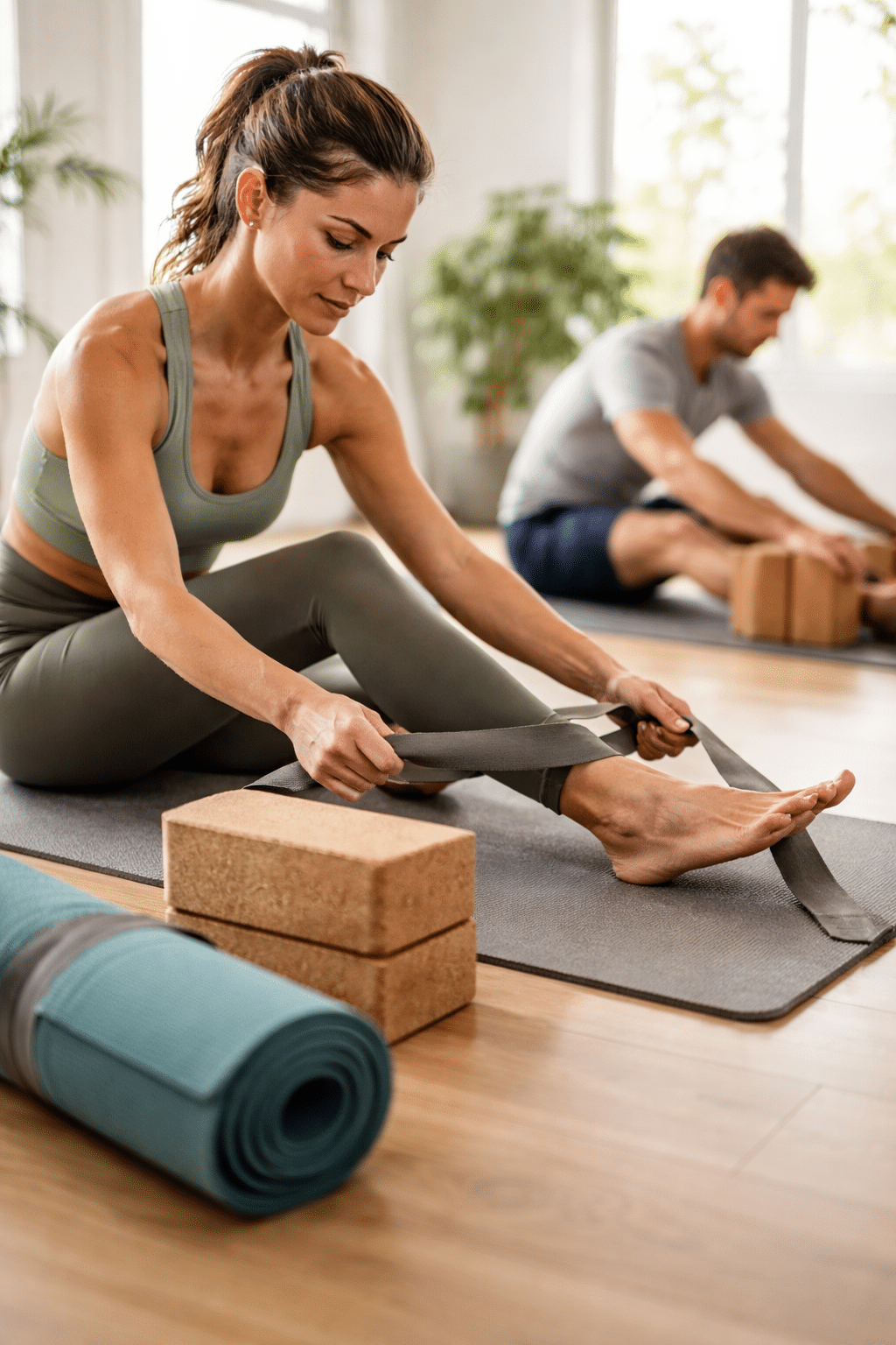 תרגול יוגה עם מזרן יוגה, בלוקים ורצועה לשיפור היציבה, הדיוק והפחתת עומסים באימון